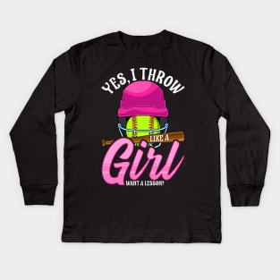 Funny Yes, I Throw Like a Girl Want a Lesson? Kids Long Sleeve T-Shirt